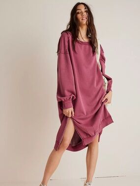 We The Free Shelli Long Tunic Midi Sweatshirt Dress Rhododendron Berry Pink Med